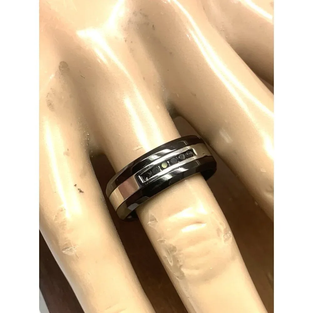 Men's Wedding Band Stainless Steel Black Gemstones 8.8mm Wide Ring Size 11.5
